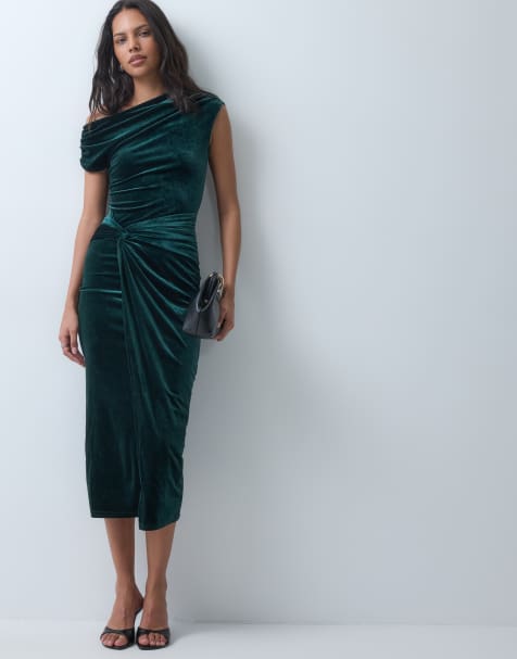 New Look robe mi-longue en velours à épaules tombantes avec détail nœud en vert foncé - view 1