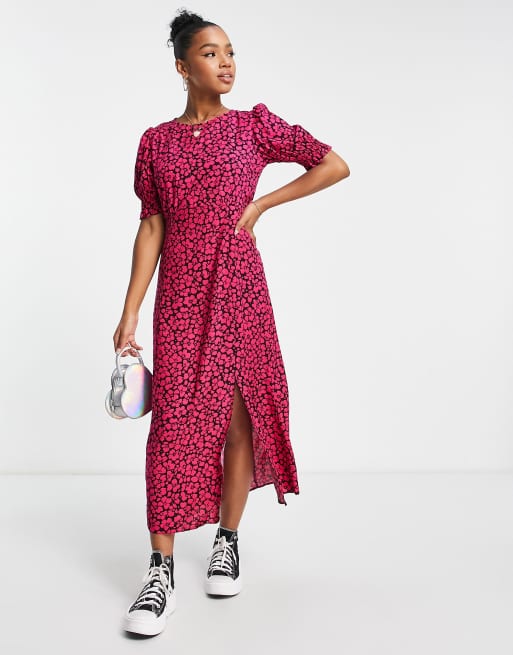 New Look - Robe mi-longue fendue sur le devant à imprimé fleuri - Rose