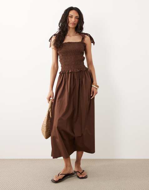 New Look - Robe mi-longue froncée avec bretelles nouées - Marron - view 1