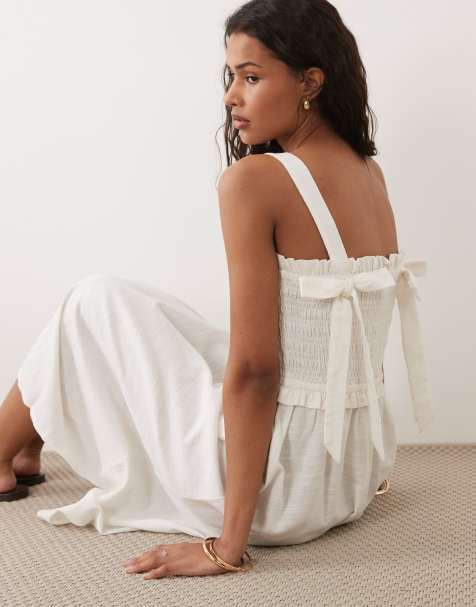New Look - Robe mi-longue froncée avec liens au dos - Blanc - view 1