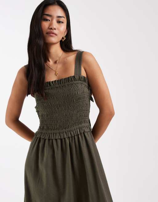 New Look - Robe mi-longue froncée avec liens au dos - Kaki, 3 de 4