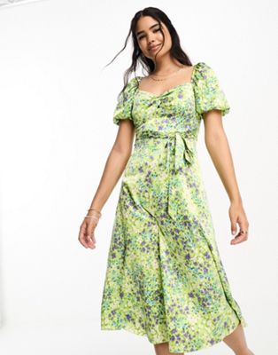 New Look square neck ruched front puff sleeve midi dress in green floral - ASOS Price Checker