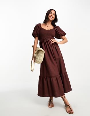 New Look - Robe mi-longue froncée sur le haut à manches bouffantes - Marron | ASOS