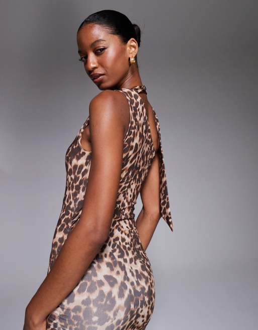 New Look - Robe mi-longue près du corps à imprimé léopard et encolure nouée - Marron, 2 de 4