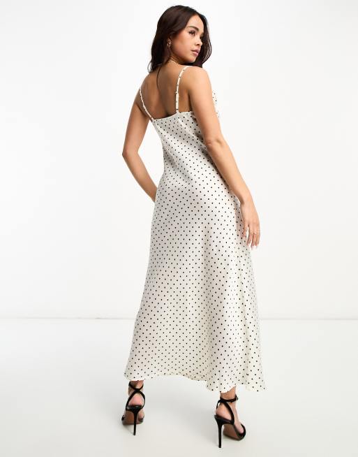New Look - Robe mi-longue satinée à pois avec corsage - Blanc, 2 de 4
