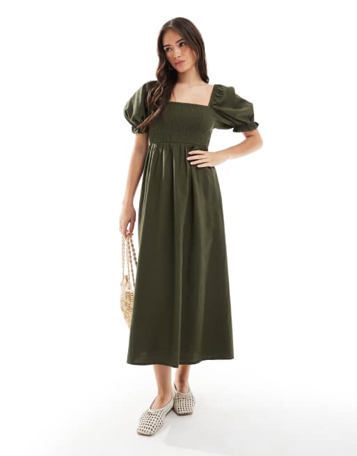 New Look - Robe mi-longue tendance folk à manches bouffantes - Kaki, 2 de 4