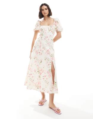 New Look - Robe mi-longue tendance folk avec manches bouffantes et imprimé fleuri - Crème-Blanc