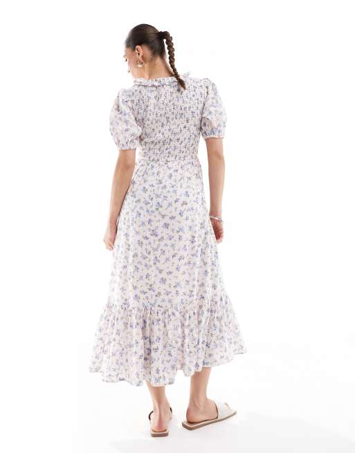 New Look - Robe mi-longue tendance folk avec manches bouffantes et imprimé fleuri - Rose, 3 de 4
