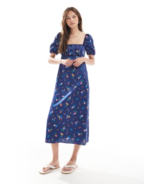 New Look - Robe mi-longue tendance folk en satin à petites fleurs - Bleu - view 1