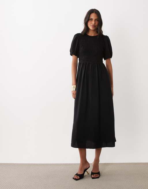 New Look robe midi froncée à manches bouffantes noire, 2 de 4