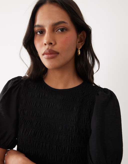 New Look robe midi froncée à manches bouffantes noire, 3 de 4