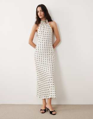 Robe nuisette mi-longue en satin à pois avec encolure licou à détails fleurs - Crème-Blanc 46