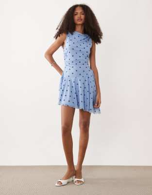 Robe patineuse courte en tulle à pois - Bleu clair 40