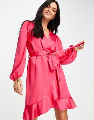 Robes New Look - Robe portefeuille en satin à volants - Rose vif