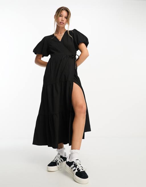 New Look - Robe portefeuille mi-longue à volants étagés - Noir, 2 de 4