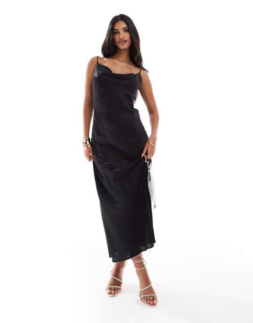 New Look - Robe satinée mi-longue à col bénitier - Noir
