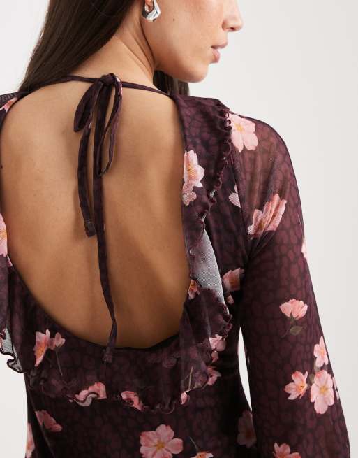 New Look – Röd, blommig miniklänning i mesh med långa ärmar, 3 av 4