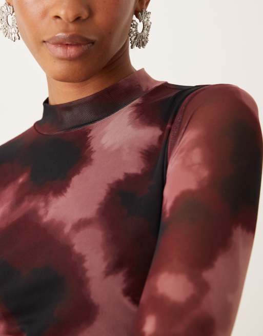 New Look – Röd, mönstrad body med rynkning i sidan av mesh, 3 av 4