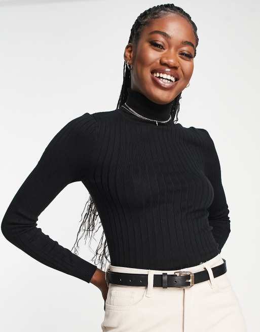 New Look roll neck fine knit sweater in black ASOS