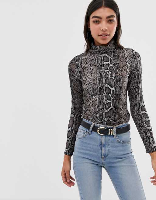 Grey Snake Print Roll Neck Long Sleeve Bodysuit