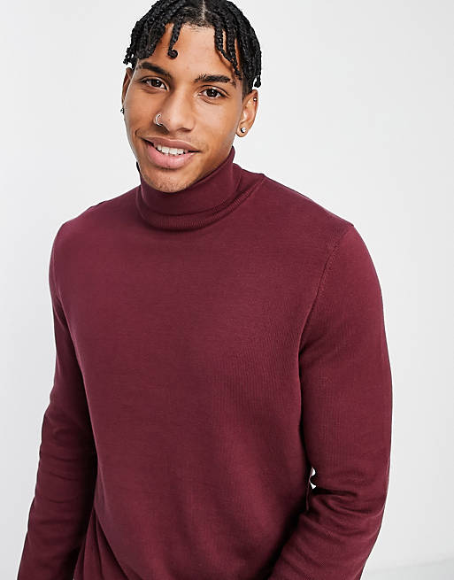 New Look roll neck knitted jumper in burgundy