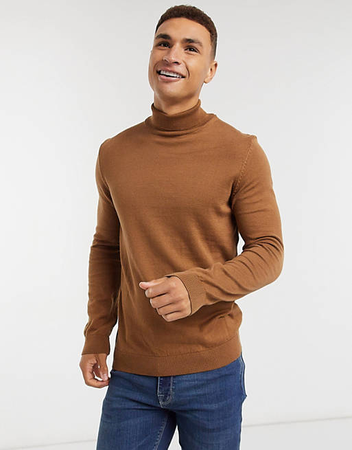 New Look roll neck knitted jumper in camel