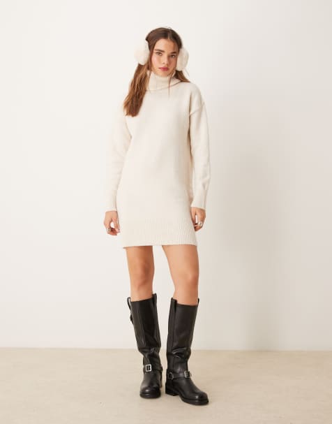 New Look roll neck knitted mini dress in cream - view 1