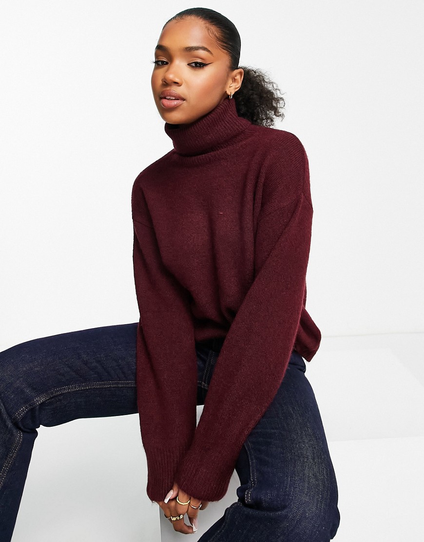 New Look roll neck knitted sweater in burgundy-Red
