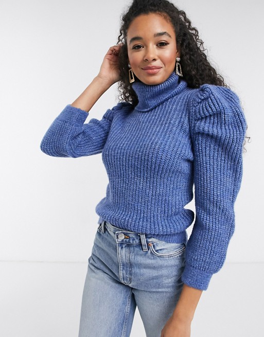 New Look roll neck puff sleeve jumper in mid blue
