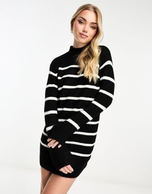 New Look roll neck stripe knitted mini dress in black