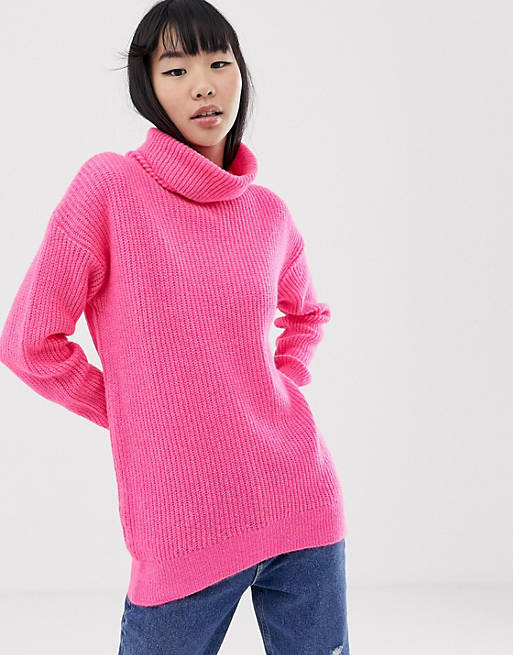 New Look roll neck sweater in pink neon