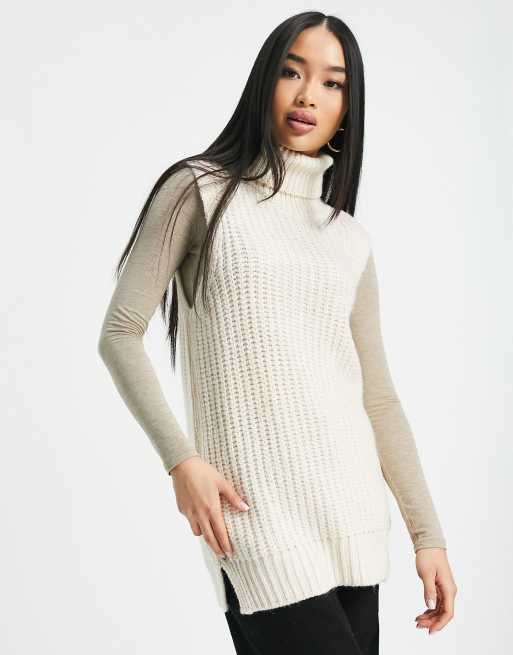 New Look roll neck tabard knit singlet in off white