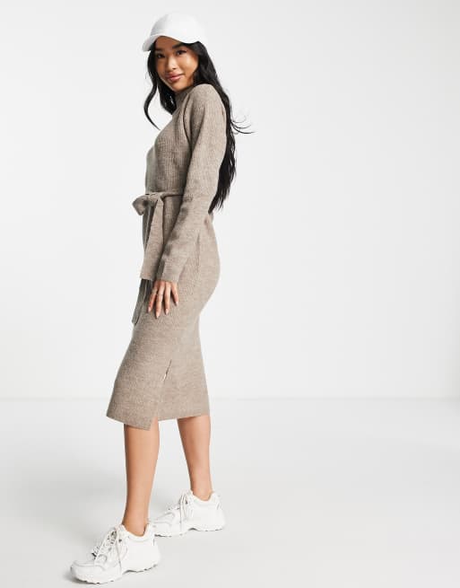 New Look roll neck tie waist knitted dress in mink ASOS