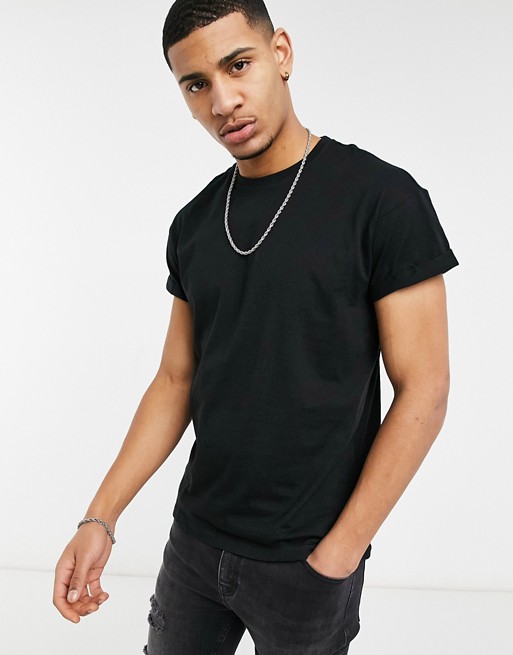 New Look cotton roll sleeve t-shirt in black - BLACK