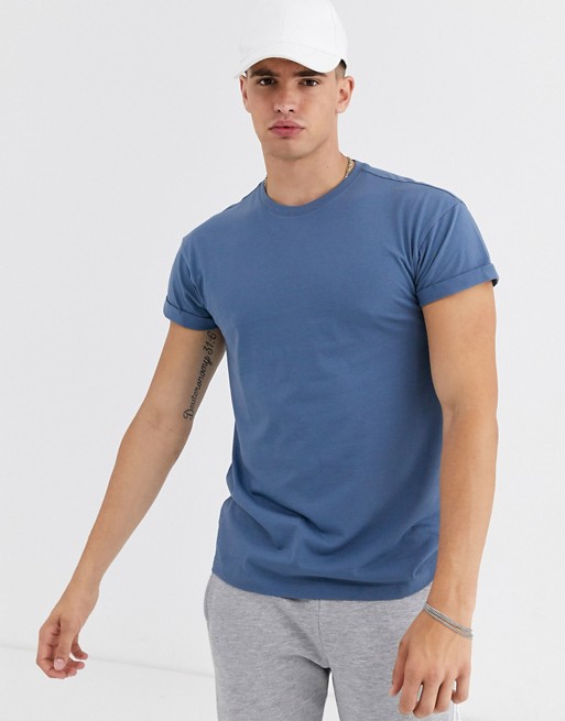 New Look roll sleeve t-shirt in dusky blue