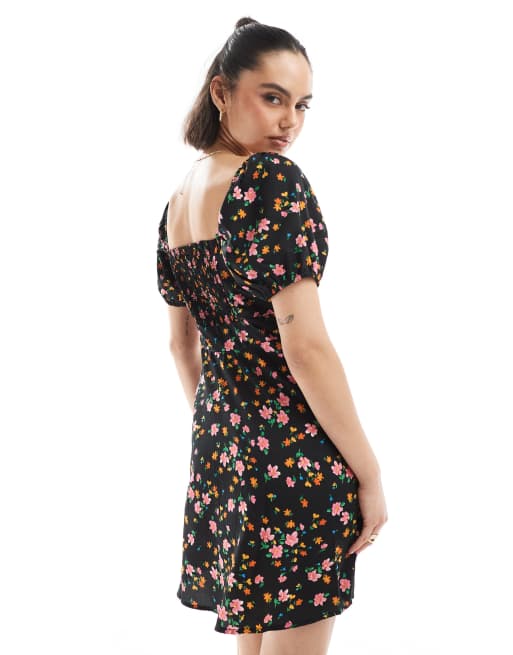 New Look – Rosa, blommig miniklänning i milkmaidstil, 2 av 4
