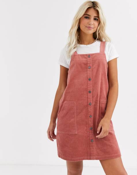 New Look – Rosa Cord-Latzkleid mit durchgehender Knopfleiste