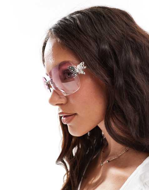 New Look – Rosa, fjärilsutsmyckade solglasögon utan bågar - view 1