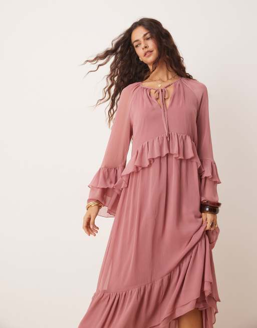 New Look – Rosa, långärmad miniklänning i chiffong med volangfåll, 3 av 4