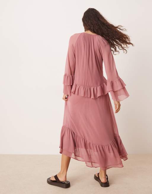 New Look – Rosa, långärmad miniklänning i chiffong med volangfåll, 4 av 4