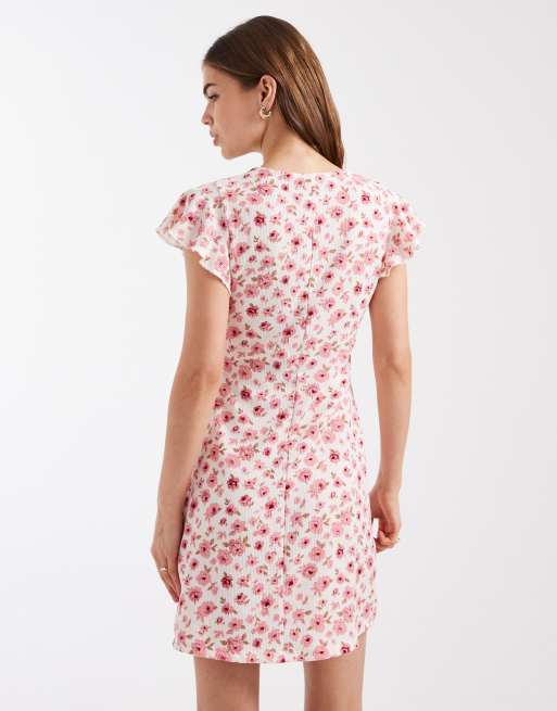 New Look – Rosa, småblommig miniklänning med utsvängda ärmar och spetskant, 3 av 4