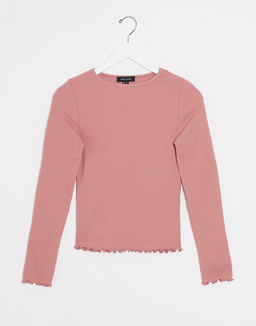New Look – Rosa t-shirt med lång ärm och volangkant