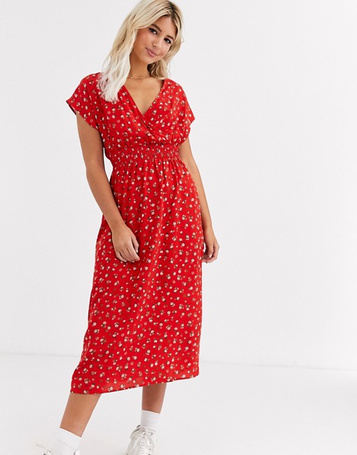 New Look rose detail midi dress in red floral