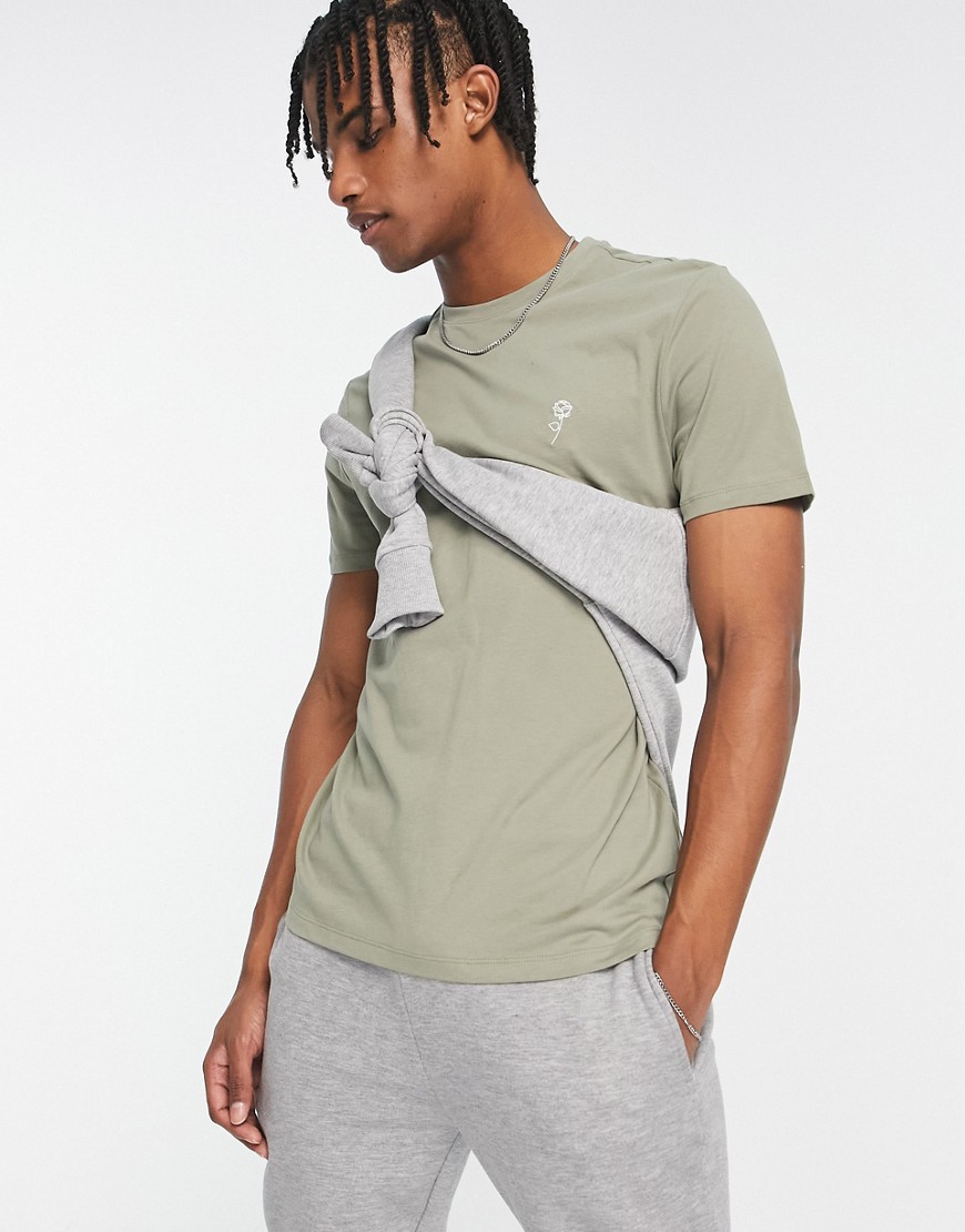 New Look rose embroidered t-shirt in light khaki-Green