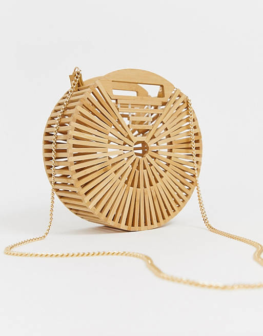 New Look round slatted wood bag in stone