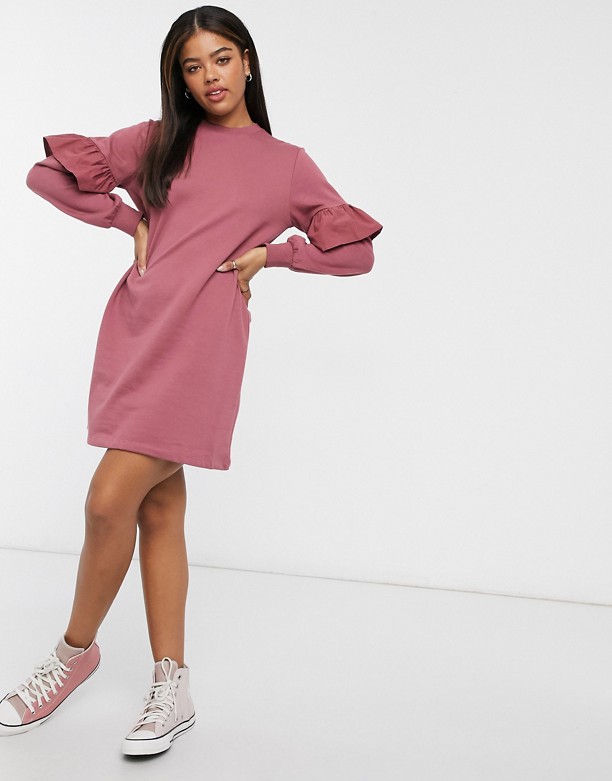  Sprzedaż New Look – RÓżowa sukienka dresowa mini z falbanką na rękawach Mid pink