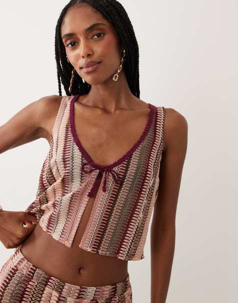 New Look co-ord crochet stripe waistcoat in pink