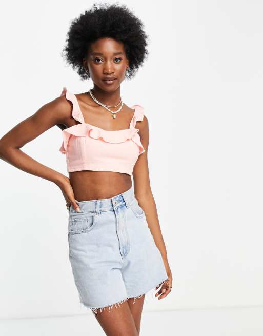 New Look – Różowy krótki top plażowy na ramiączkach z falbanką