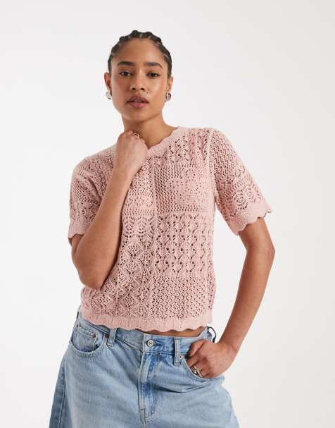 New Look – Różowy T-shirt z dzianiny pointelle z krótkimi rękawami - view 1