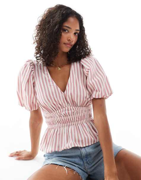 New Look stripe puff sleeve shell top in pink